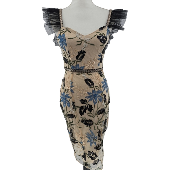 Lulus NWOT Showstopper Cream Embroidered Sequined Bodycon Midi Dress Size XS - Picture 2 of 11